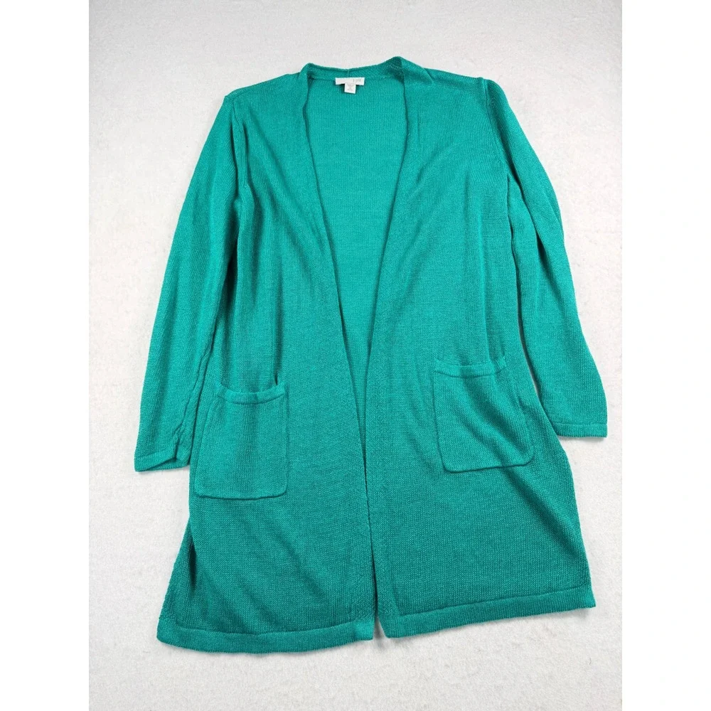 J. Jill Teal Green Linen Blend Open Front Cardigan Sweater XS Petite Pockets